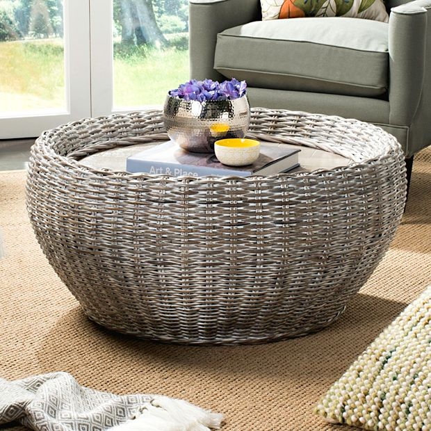 Grey Wash Wicker Drum Coffee Table with Inset Wood Top