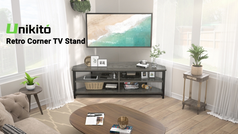 Grey Wood Corner TV Stand Industrial Metal Frame Open Shelving