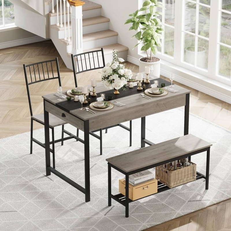 Grey Wood Dining Table Set Slatted Back Chairs Storage Bench