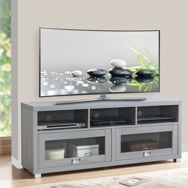Grey Wood TV Stand Glass Cabinet Doors Open Media Slots Console