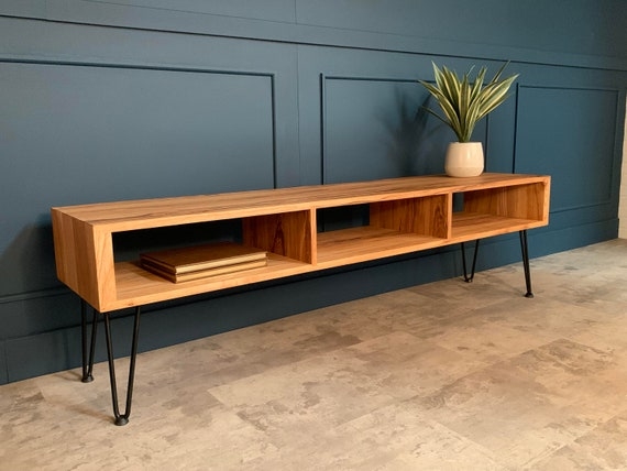 Hairpin Leg Media Console Minimalist Wooden TV Stand Open Shelves