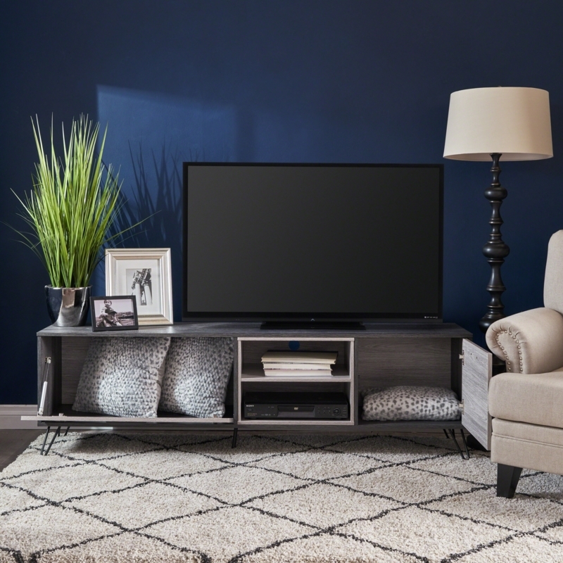 Hairpin leg television table in charcoal and two-tone wood.