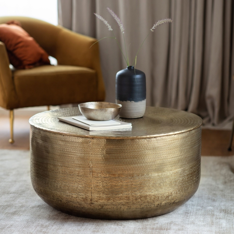 Hammered Brass Drum Coffee Table with Antique Finish