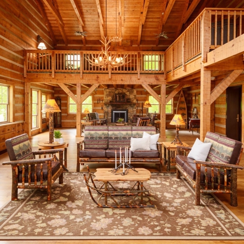 Handcrafted Hickory Log Sofa with Bark-On Finish and Wildlife Tapestry