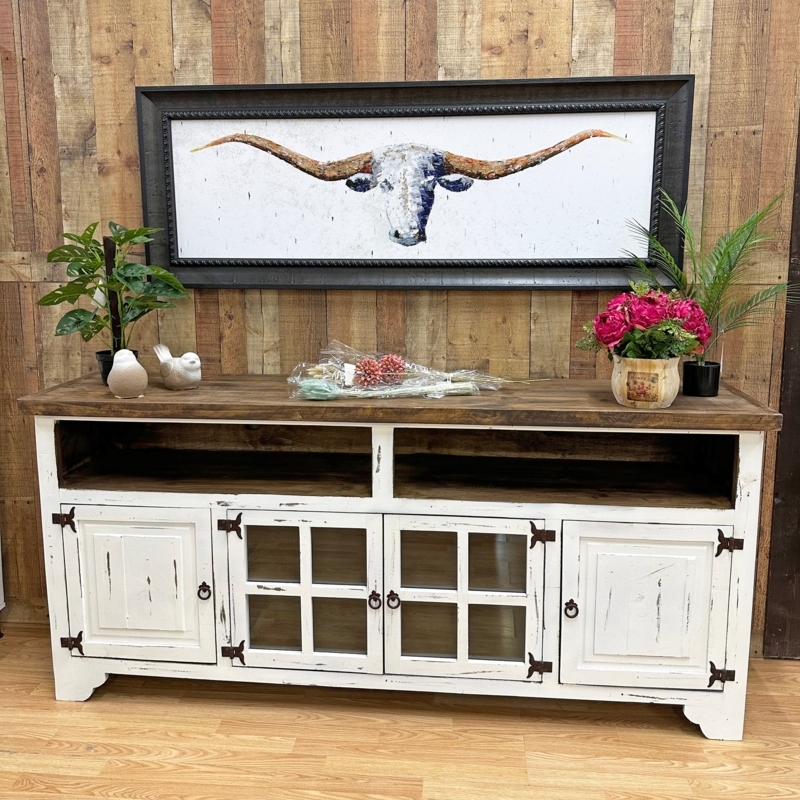 Heavily Distressed Farmhouse TV Stand Glass Doors Strap Hinges