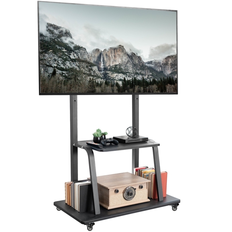 Heavy Duty TV Stand Cart, Black Metal with Integrated Shelving.