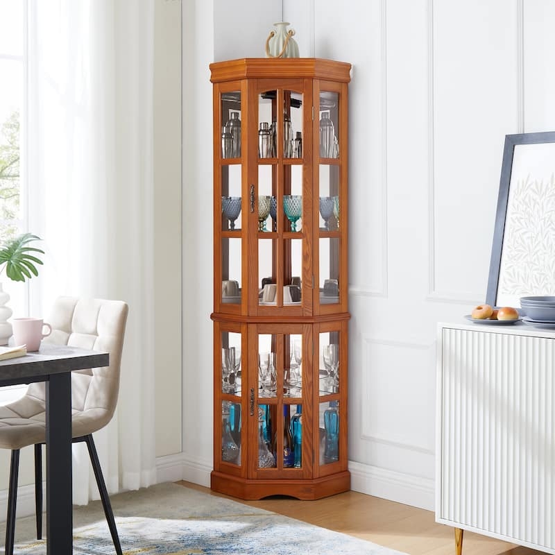Hexagonal Corner Curio Cabinet with Mirrored Back and Oak Finish
