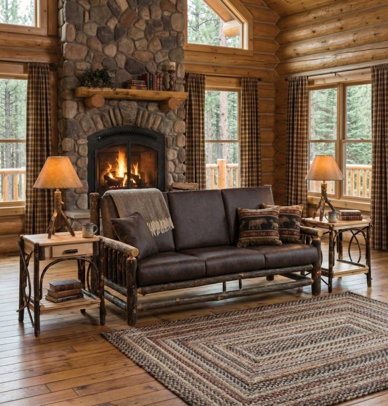 Hickory Log Sofa located in Cabin Style Living Room Setting