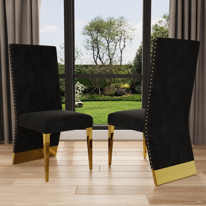 High-Back Dining Chair with Polished Gold Legs and Nailhead Trim