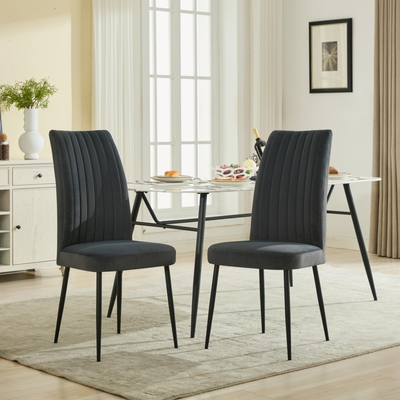 High Back Dining Chairs Charcoal Gray Vertical Channeling Metal