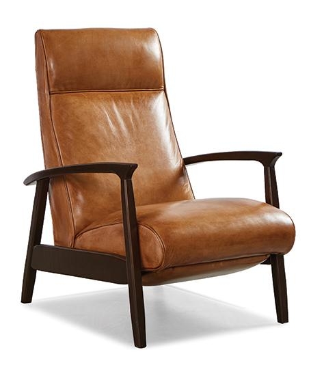 High Back Recliner Curved Wood Arms Cognac Leather Mid Century