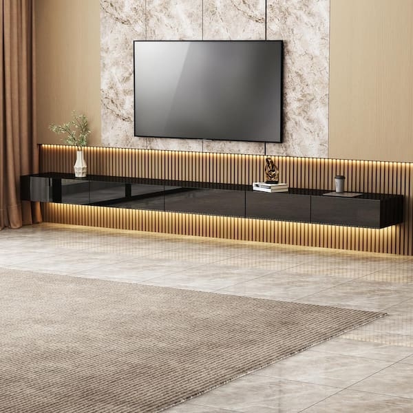 High Gloss Black Floating TV Stand with LED Lighting