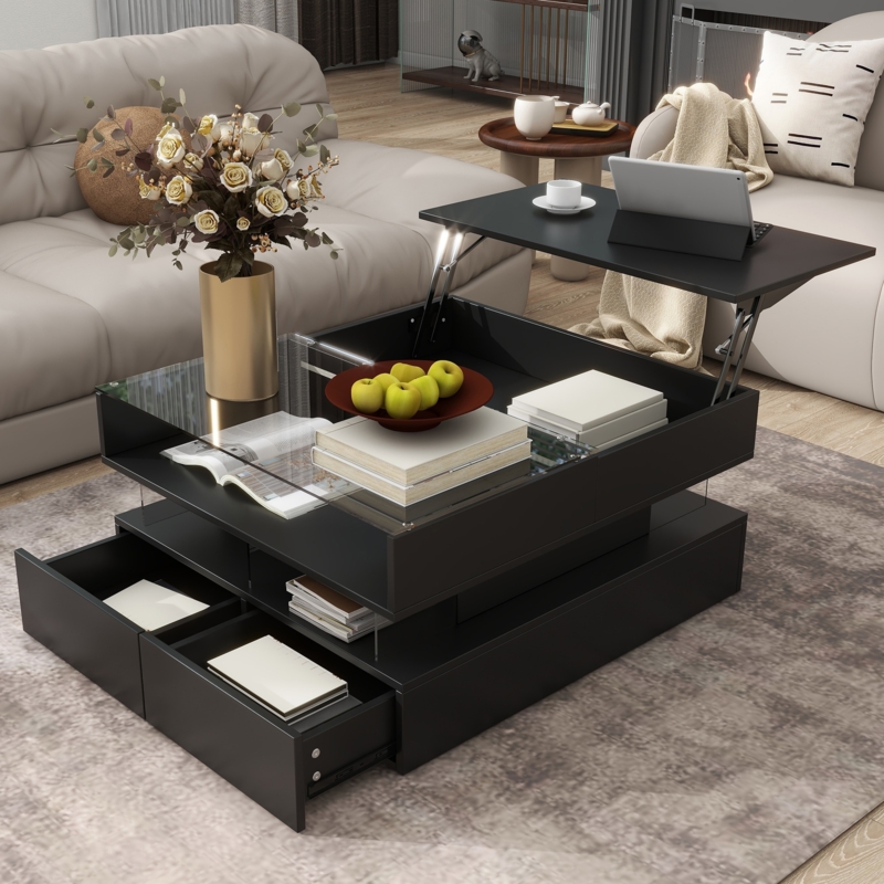 High-Gloss Black Lift Top Coffee Table with Glass Insert and Drawers