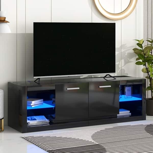High Gloss Black TV Stand with Blue LED Lighting