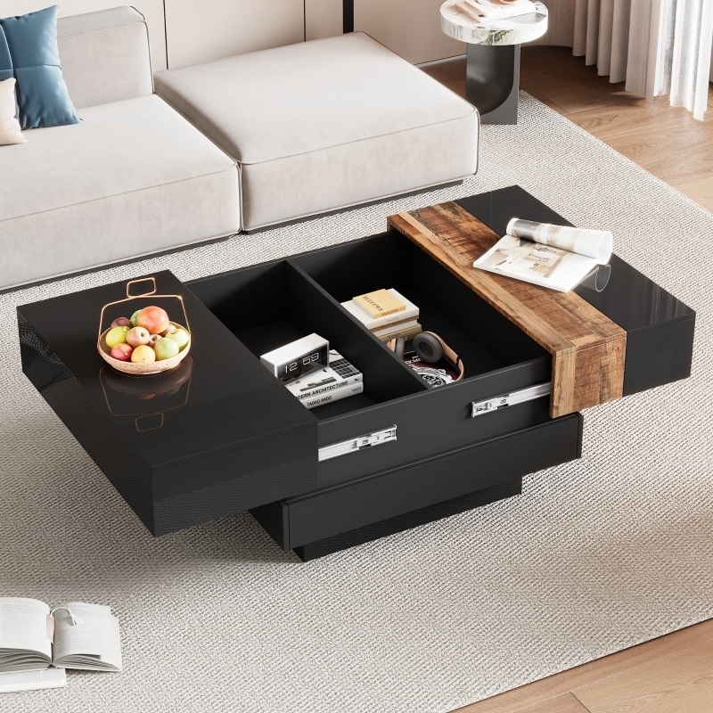 High Gloss Coffee Table Sliding Tabletop Hidden Storage Black