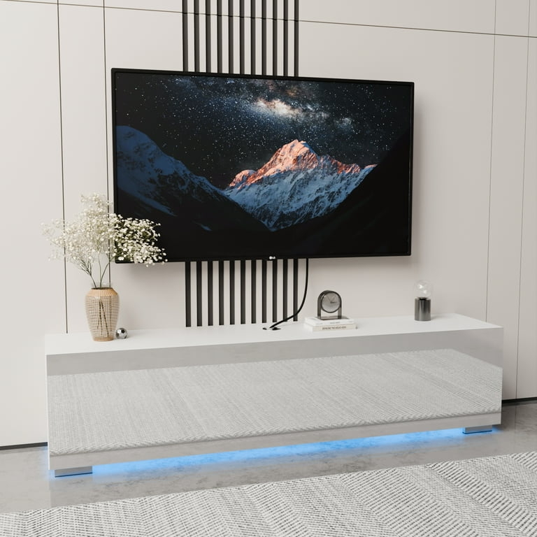 High-Gloss Floating Media Console with Vibrant Blue LED Lighting
