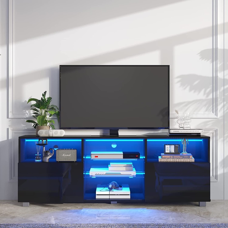 High Gloss Gaming TV Stand with Blue LED Lighting and Glass Shelves