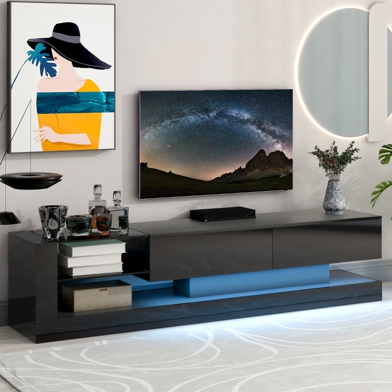 High-Gloss TV Stand Featuring Integrated LED Lighting.