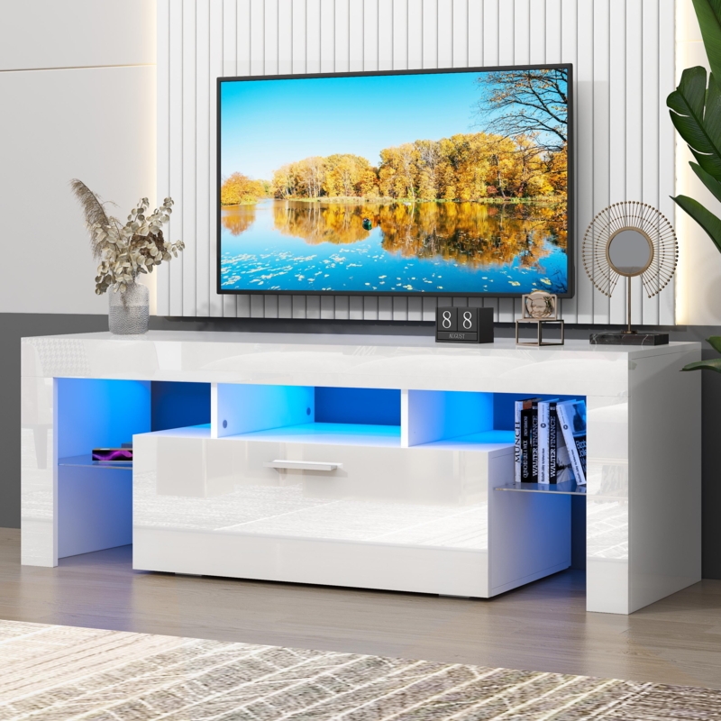 High Gloss TV Stand with Blue LED Lighting, Modern White Media Console