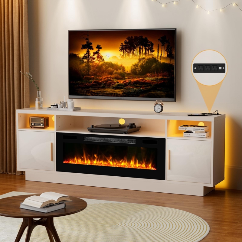 High Gloss White Fireplace TV Stand with Built-in Power Outlet