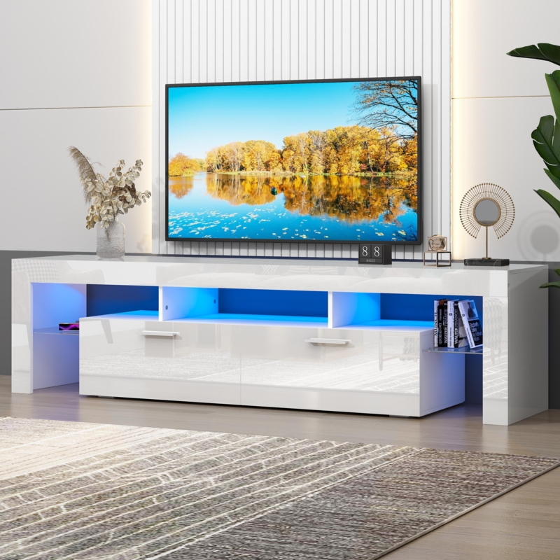 High Gloss White Tv Stand with Blue LED Accents and Glass Side Shelves.