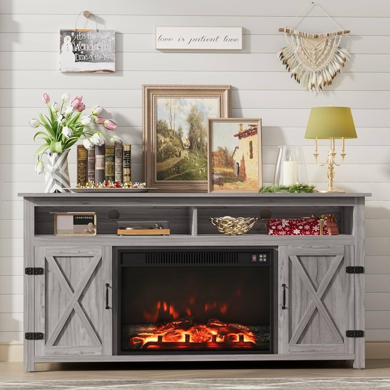 Highboy Fireplace TV Stand Grey Barn Doors Rustic Finish