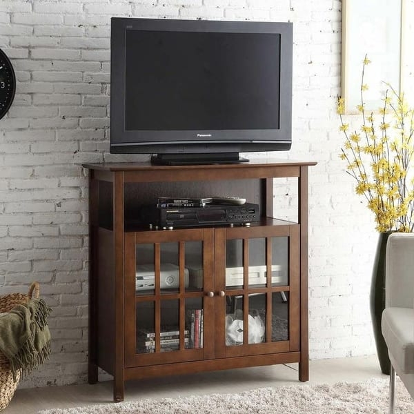 Highboy Tv Stand Dark Brown Wood Mullioned Glass Doors Open Shelf
