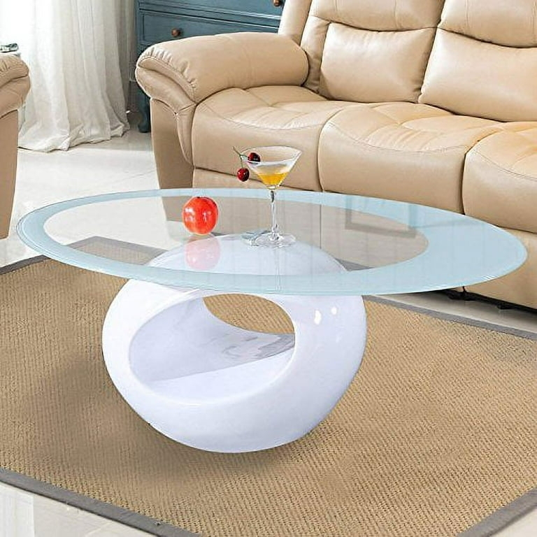 Hollow Base Table Design Oval Clear Glass Top Glossy Synthetic Frame