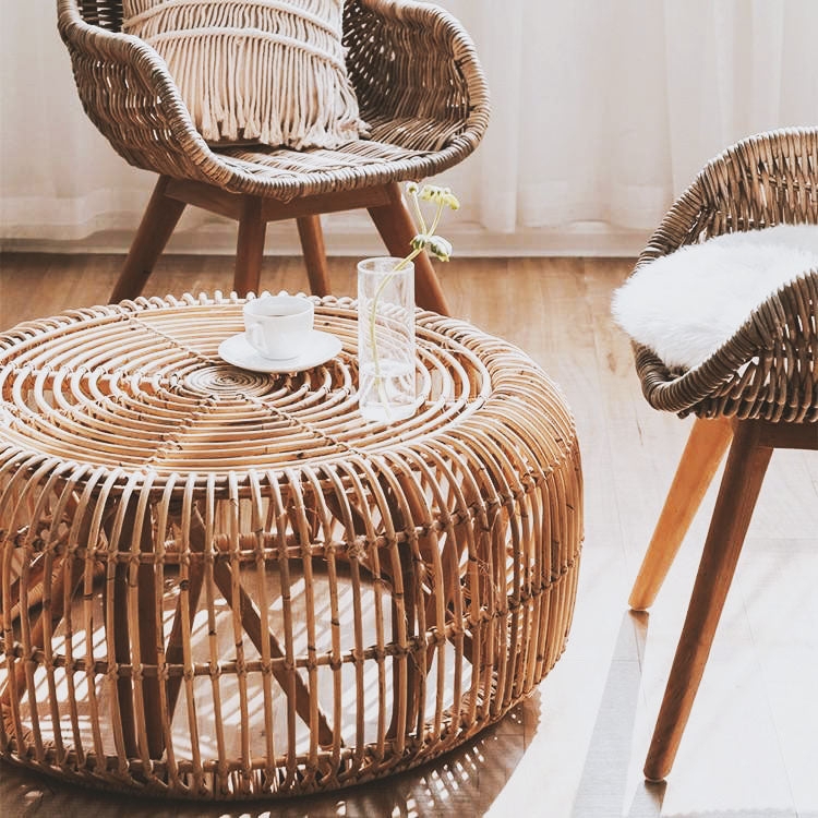 Hollow Drum Rattan Coffee Table with Concentric Circle Top