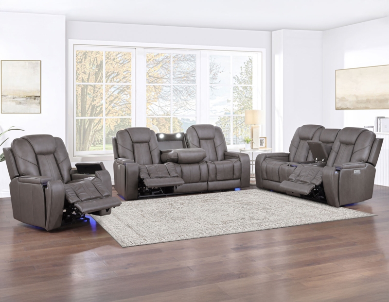 Home Theater Seating Set Charcoal Grey Leather-Like Blue LED Lighting
