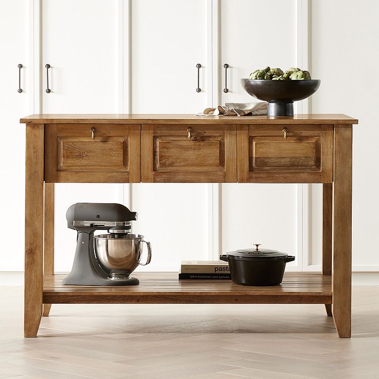 Honey Oak Kitchen Island Console with Three Drawers and Slatted Shelf