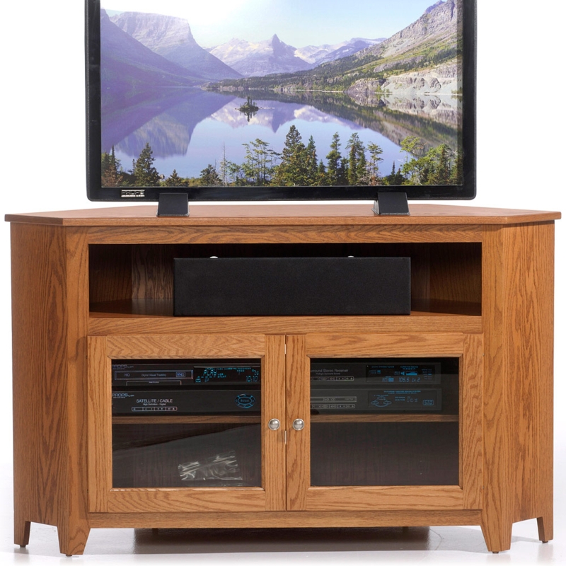 Honey Wood Corner TV Stand with Glass Front Cabinet Doors