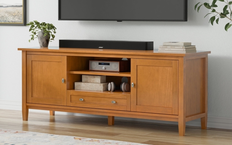 Honey Wood Media Console: Shaker Panels, Center Drawer, Tapered Legs