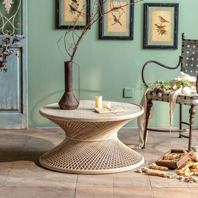 Hourglass Pedestal Coffee Table, Woven Rattan, Bohemian Style