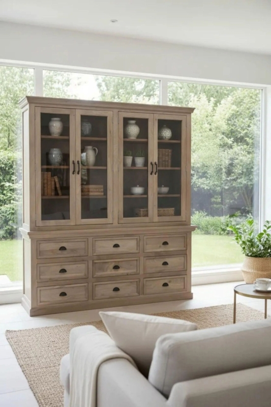Hutch Coastal Weathered Taupe Nine Drawer Base Glass Vitrine