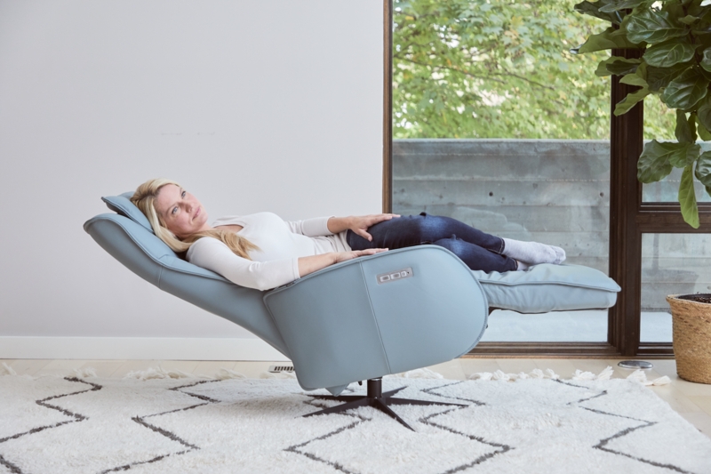 Ice Blue Power Recliner with Modern Pedestal Base and Swivel