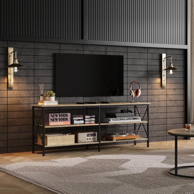 Industrial 3-tier TV stand with wide open wood shelves.