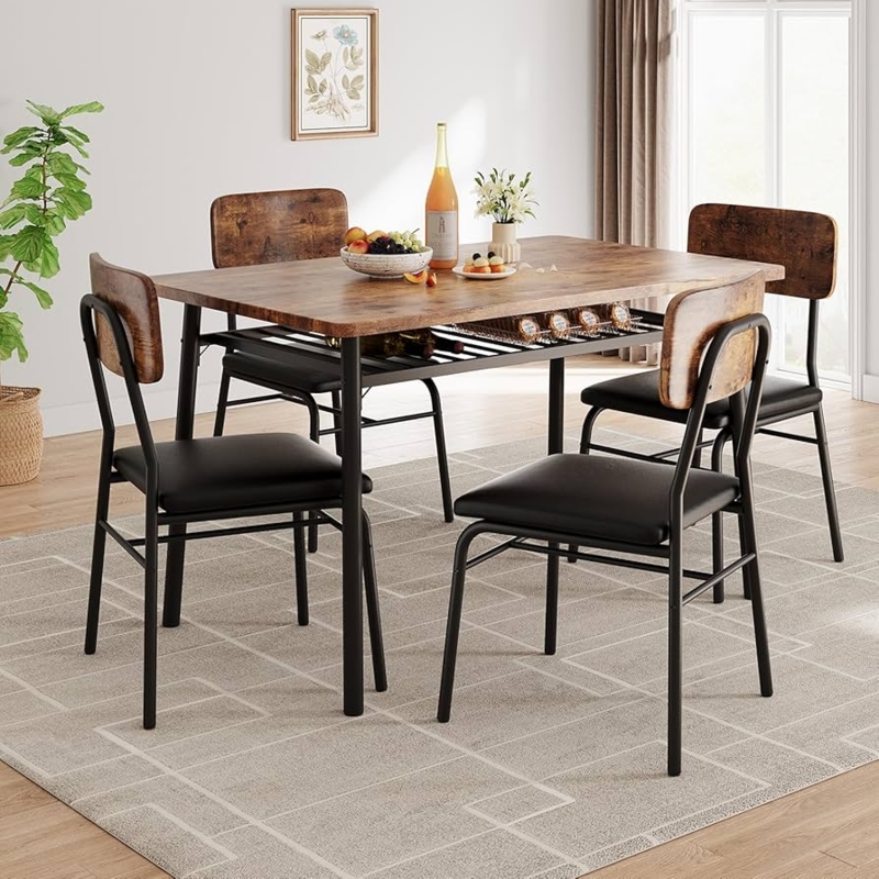 Industrial 5-Piece Dining Set Slatted Storage Rack Metal Frame