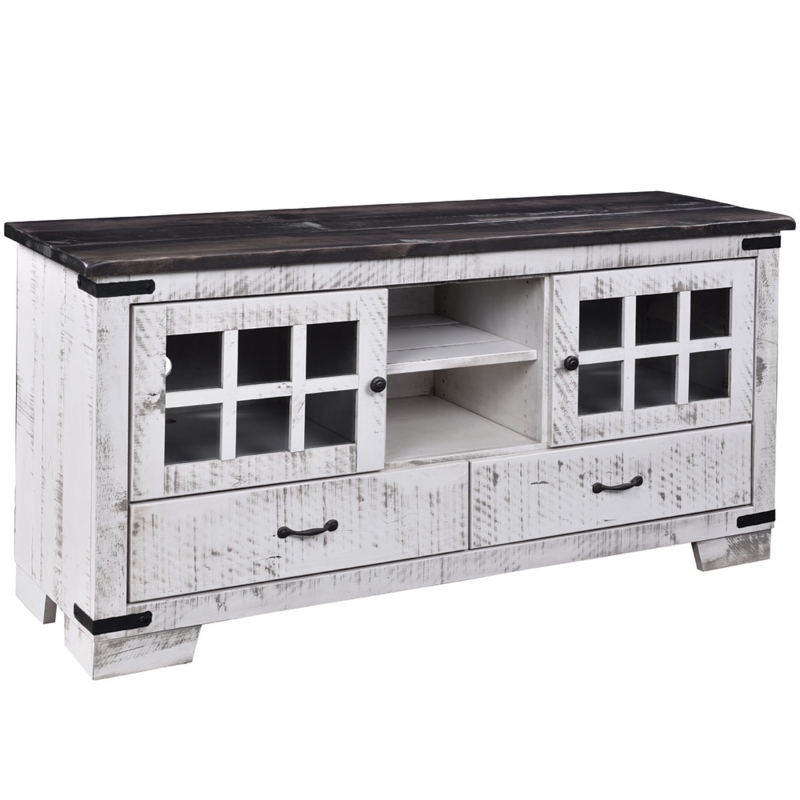 Industrial Accent TV Stand Windowpane Doors Farmhouse Media Console