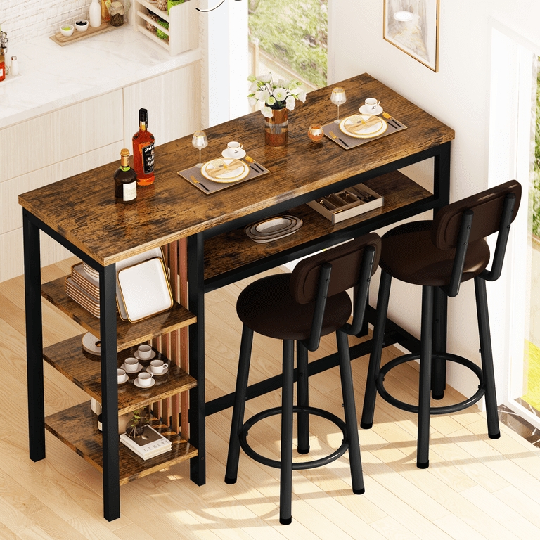 Industrial Bar Table Set Metal Frame Wood Top Integrated Shelving