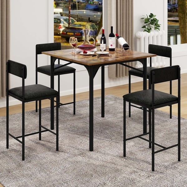 Industrial Bar Table Set Square Black Metal Frame Open Back Stools