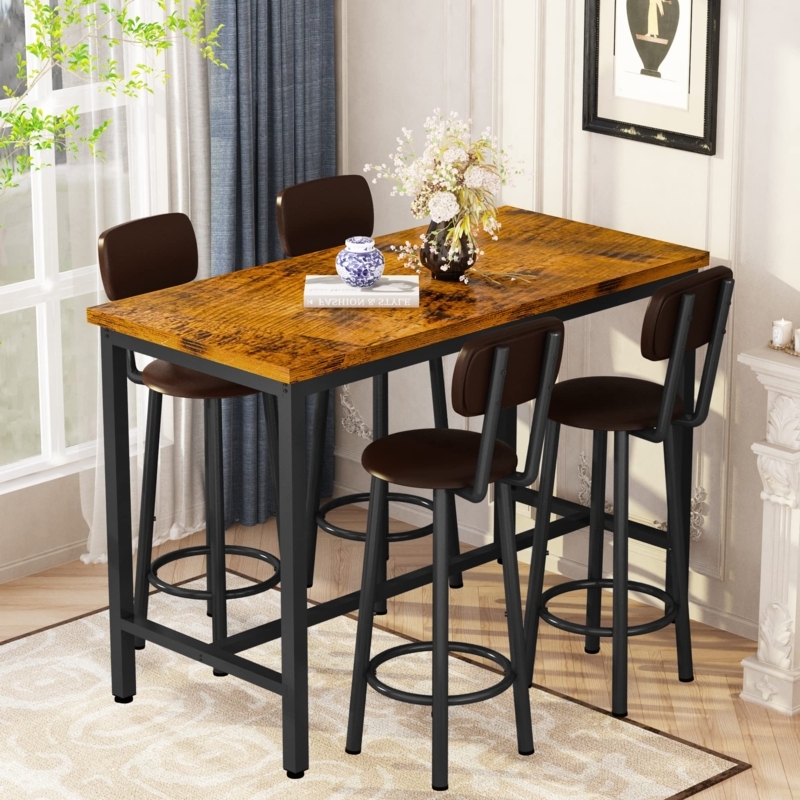 Industrial Bar Table Set: Warm Wood & Upholstered Stools