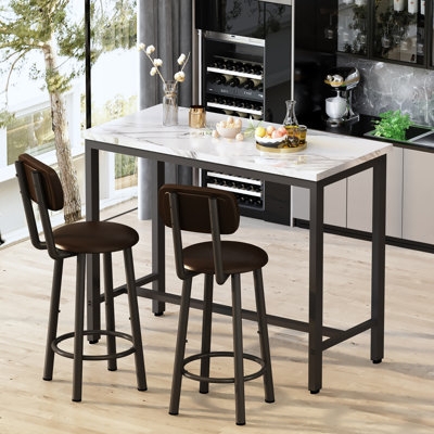 Industrial Bistro Dining Set Marble Top Black Metal Frame Stools