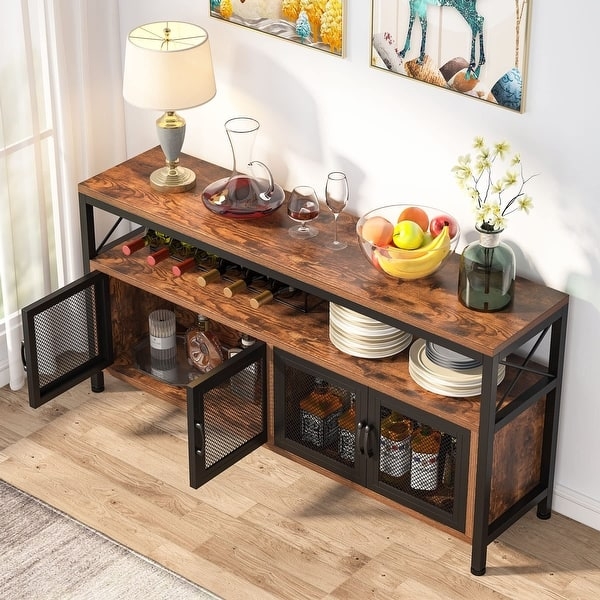 Industrial Buffet Table with Mesh Doors and Integrated Wine Rack