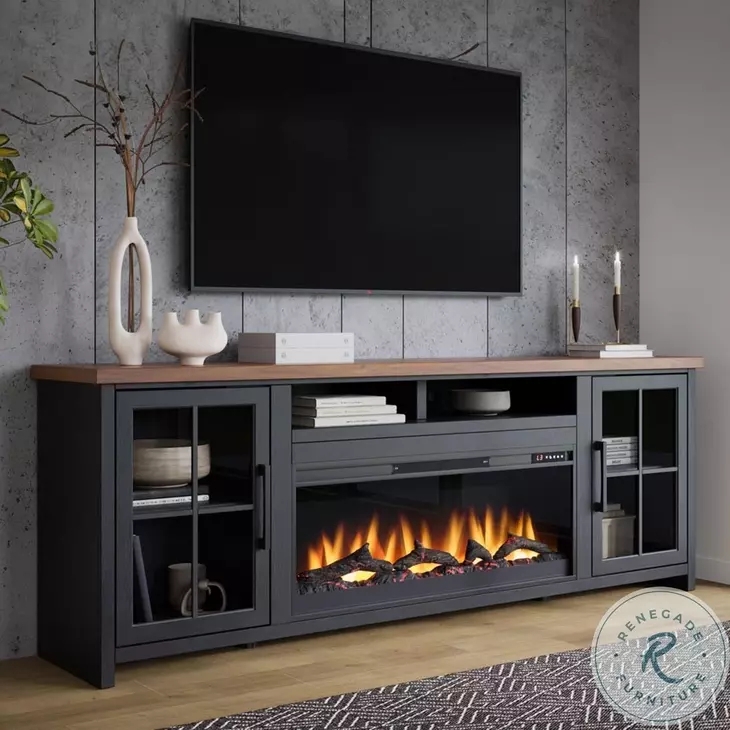 Industrial Charcoal and Whiskey Two-Tone Fireplace TV Stand