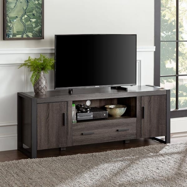 Industrial Charcoal Wood TV Stand with Black Metal Wrap Frame Detail