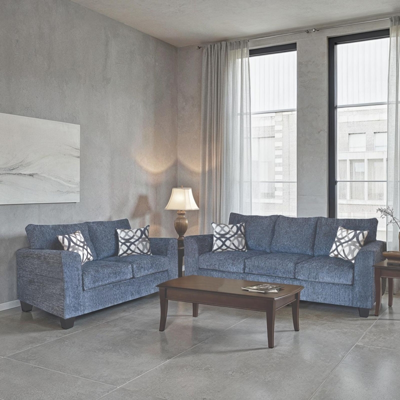 Industrial Chic Sofa Set Slate Blue Fabric with Track Arms