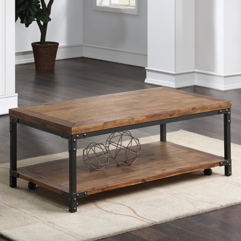 Industrial Coffee Table with Casters Rivet Details Two Tier Wood Shelf