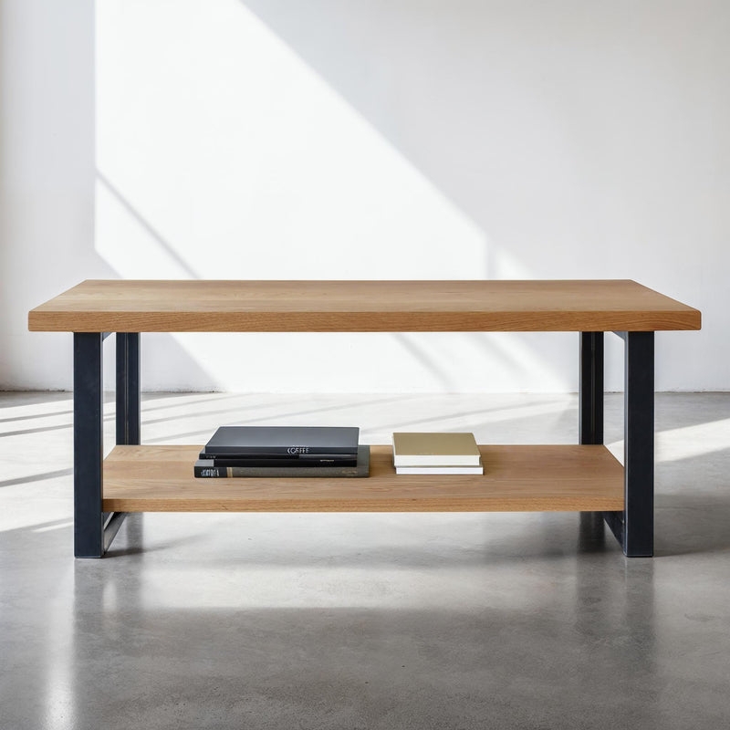 Industrial Coffee Table with Lower Shelf Thick Wood Toned Top Matte Black