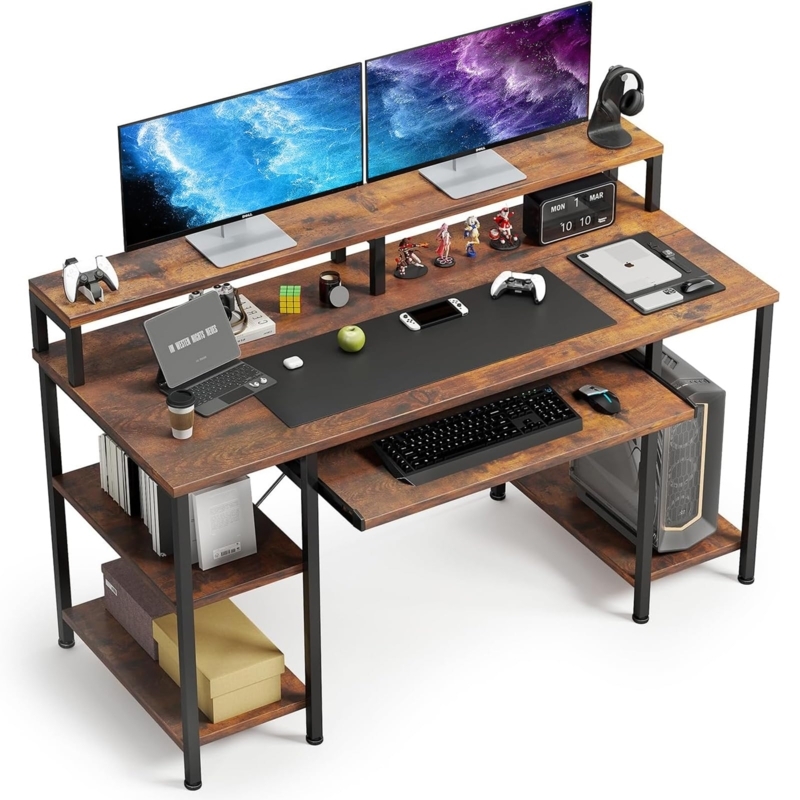 Industrial Computer Desk with Monitor Hutch and Keyboard Tray, Rustic Brown